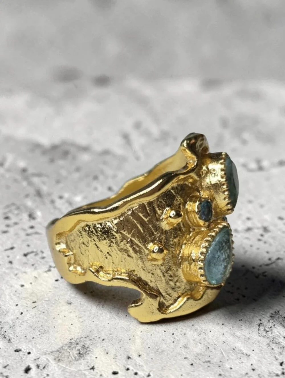 24k Gold Plated Artisan Aquamarine Crystal Byzantine Wide Band Ring